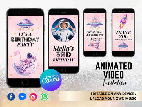 Space Pink Birthday Invitation Video, Space Astronaut Invitation, Birthday Astronaut, Outer Space Birthday Video Invitation, Rocket Evite