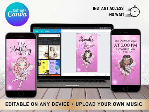 Editable Fairy Birthday Video Invitation Template, Animated Invite, Fairy Birthday Party, Girl Birthday, Fairy Themed Party, Canva