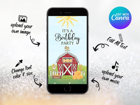 Farm Birthday Video Invitation Template, Farm Theme Birthday Party Animated Invite, Girl Invitation, Barnyard Birthday Digital Evite