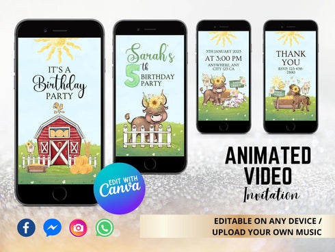 Farm Birthday Video Invitation Template, Farm Theme Birthday Party Animated Invite, Girl Invitation, Barnyard Birthday Digital Evite