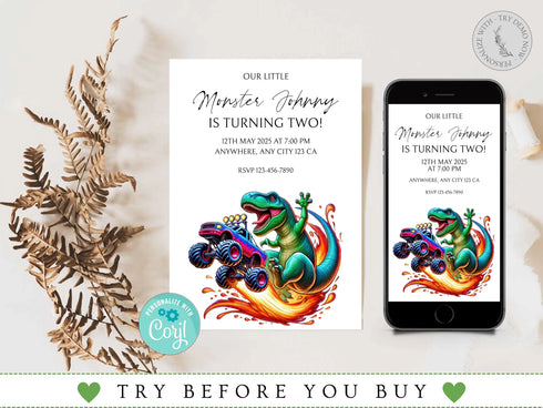 T-Rex Monster Truck Birthday Invitation, T Rex Dinosaur Monster Truck Birthday Party Invitation, Printable T Rex Invite, Dinosaur Birthday
