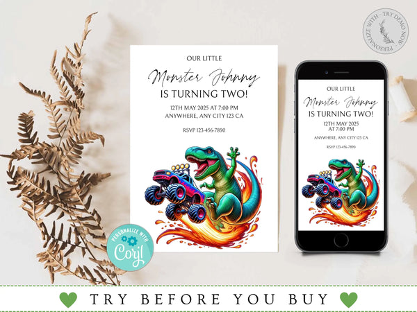 T-Rex Monster Truck Birthday Invitation, T Rex Dinosaur Monster Truck Birthday Party Invitation, Printable T Rex Invite, Dinosaur Birthday