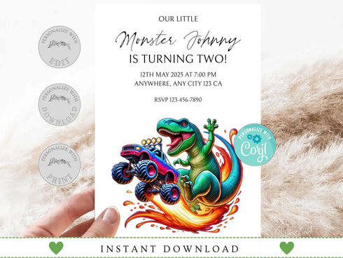 T-Rex Monster Truck Birthday Invitation, T Rex Dinosaur Monster Truck Birthday Party Invitation, Printable T Rex Invite, Dinosaur Birthday