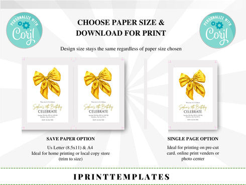 Yellow Bow Birthday Invitation, Coquette Invite, Coquette Bow Invitation, Digital Invitation Template, Bow Invite, Instant Download