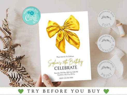 Yellow Bow Birthday Invitation, Coquette Invite, Coquette Bow Invitation, Digital Invitation Template, Bow Invite, Instant Download