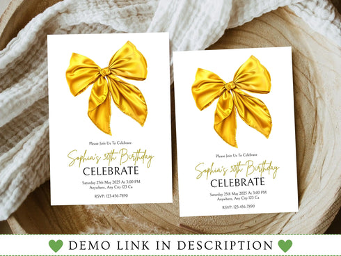 Yellow Bow Birthday Invitation, Coquette Invite, Coquette Bow Invitation, Digital Invitation Template, Bow Invite, Instant Download