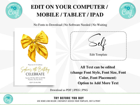 Yellow Bow Birthday Invitation, Coquette Invite, Coquette Bow Invitation, Digital Invitation Template, Bow Invite, Instant Download