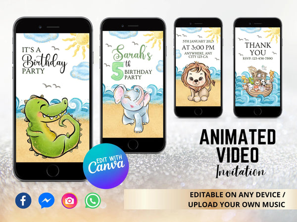 Animated Jungle Birthday Video Invite, Editable Birthday Video Template, Digital Animals Birthday Card, Animals Birthday Video Invitation