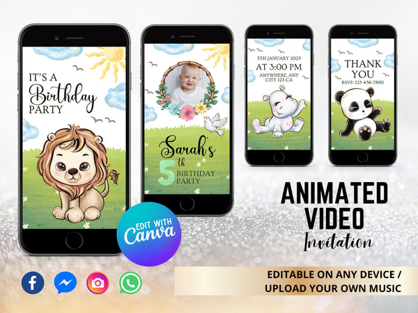 Animals Birthday Video Invitation, Cute Animated Jungle Birthday Video Invite, Birthday Video Template, Digital Animals Birthday Card