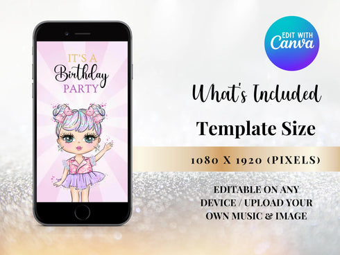 Pink Doll Party Video Invitation, Pink Doll Birthday Video Invitation, Pink Girl Birthday Party Video Invitation, Doll Party Invitation