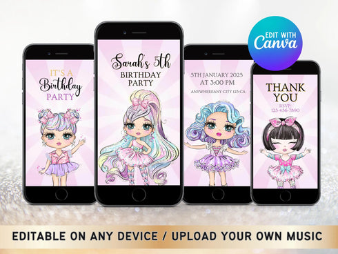 Pink Doll Party Video Invitation, Pink Doll Birthday Video Invitation, Pink Girl Birthday Party Video Invitation, Doll Party Invitation
