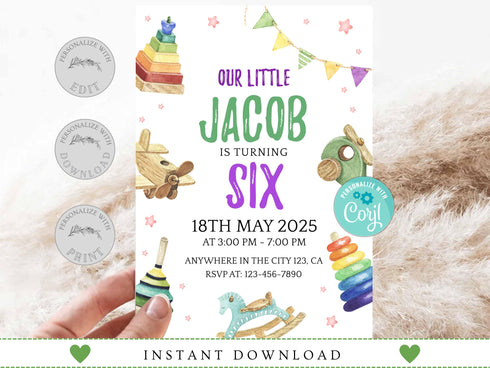 Kids Editable Toy Birthday Invitation Template, Printable Birthday Party Invitations, Digital Kids Party Invite Template Bday Card