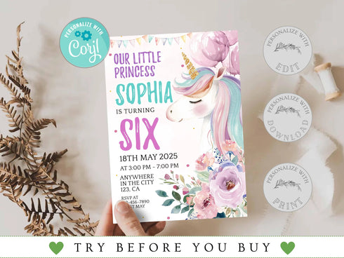 Unicorn Birthday Invitation, Rainbow Unicorn Party, Editable Unicorns Bday Invite, Magical Unicorn Invite, Printable Instant Download