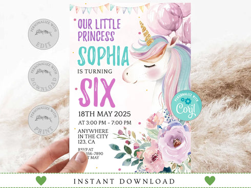 Unicorn Birthday Invitation, Rainbow Unicorn Party, Editable Unicorns Bday Invite, Magical Unicorn Invite, Printable Instant Download