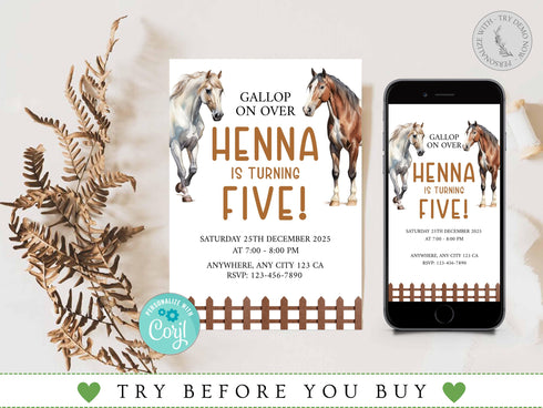 Editable Horse Birthday Invitation, Horse Birthday Party Invite, Horse Birthday Invitation Template, Saddle Up, Horse Birthday Party