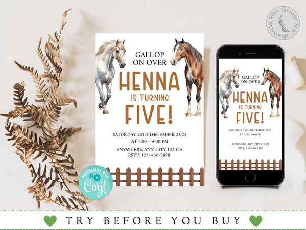 Editable Horse Birthday Invitation, Horse Birthday Party Invite, Horse Birthday Invitation Template, Saddle Up, Horse Birthday Party