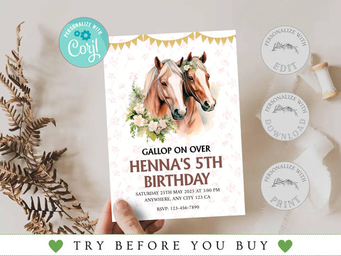 Editable Floral Horse Invitation Template, Floral Horse Birthday Invite, Girly Horse Invite, Horse Birthday Invitation, Instant Download