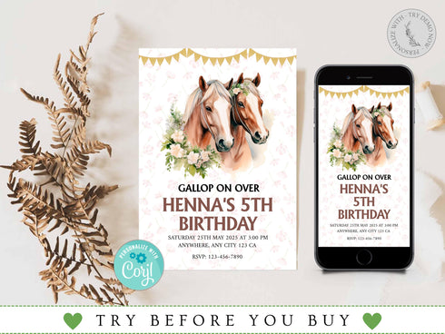 Editable Floral Horse Invitation Template, Floral Horse Birthday Invite, Girly Horse Invite, Horse Birthday Invitation, Instant Download