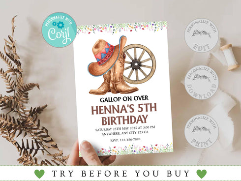Editable Cowgirl Horse Birthday Invitation Template, Cowgirl Invite, Cowgirl Party Horse Invite, Farm Birthday Invitation, Cowgirl Birthday