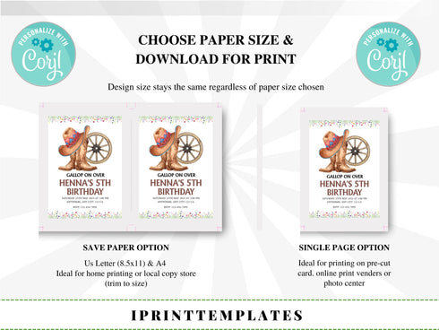 Editable Cowgirl Horse Birthday Invitation Template, Cowgirl Invite, Cowgirl Party Horse Invite, Farm Birthday Invitation, Cowgirl Birthday