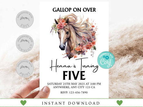 Editable Horse Invitation Template, Floral Horse Birthday Invite, Girly Horse Invite, Floral Farm Birthday Invitation, Instant Download