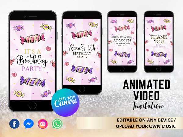 Candies Birthday Video Invitation, Editable Candy Land Party Invite, Candy Party Animated Invitation Template, Kids Animated Invitation