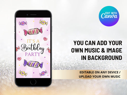 Candies Birthday Video Invitation, Editable Candy Land Party Invite, Candy Party Animated Invitation Template, Kids Animated Invitation