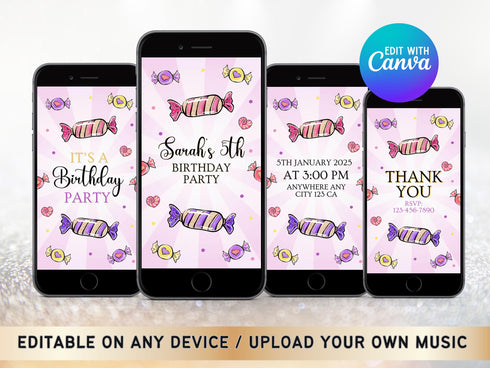 Candies Birthday Video Invitation, Editable Candy Land Party Invite, Candy Party Animated Invitation Template, Kids Animated Invitation