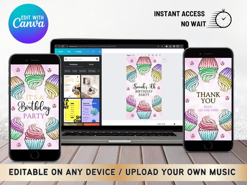 Editable Cupcake Birthday Party Digital Video Invite, Cupcake Decorating Party Invitation, Cupcake Party Animated Invitation, Sweet Desserts