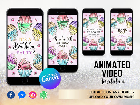 Editable Cupcake Birthday Party Digital Video Invite, Cupcake Decorating Party Invitation, Cupcake Party Animated Invitation, Sweet Desserts
