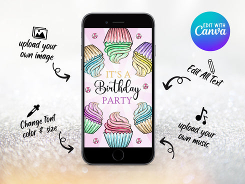 Editable Cupcake Birthday Party Digital Video Invite, Cupcake Decorating Party Invitation, Cupcake Party Animated Invitation, Sweet Desserts