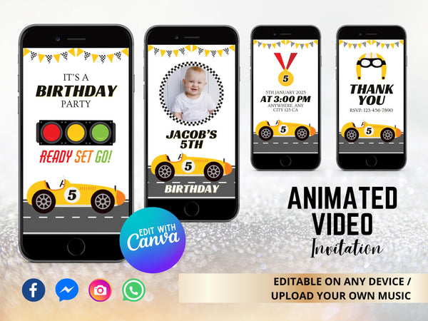 Race Car Animated Invitation, Video Cars Birthday, Racing Car Digital Invitation, Editable Video Invite, Race Car Birthday Video Invitation