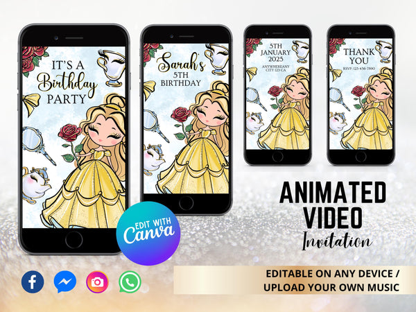 Beauty and the Beast Animated Video Invitation with Music, Beauty and the Beast Birthday Video Invitation, Beauty and the Beast Party