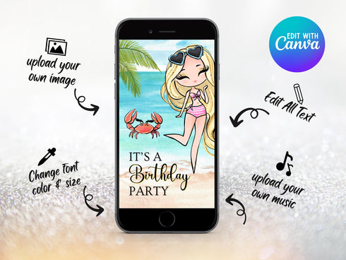 Editable Beach Party Invitation, Beach Digital Invitation Video, Video Invite, Beach Invitation, Beach Birthday Party Animated Invitation