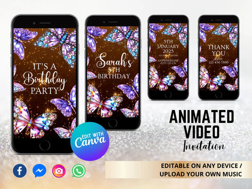 Diamond Butterfly Video Invitation, Diamond Butterfly Birthday Invitation, Personalized Video Invitation, Customized Video Butterfly