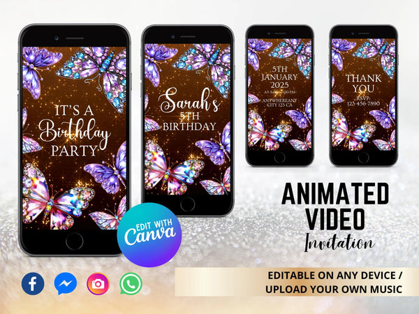 Diamond Butterfly Video Invitation, Diamond Butterfly Birthday Invitation, Personalized Video Invitation, Customized Video Butterfly