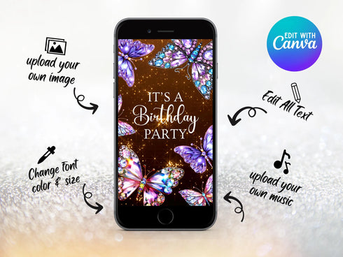 Diamond Butterfly Video Invitation, Diamond Butterfly Birthday Invitation, Personalized Video Invitation, Customized Video Butterfly