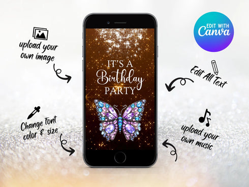 Any Text Video Invitation, Diamond Butterfly Party Invitation, Diamond Theme Party, Diamond Video, Diamond Butterfly Birthday Party