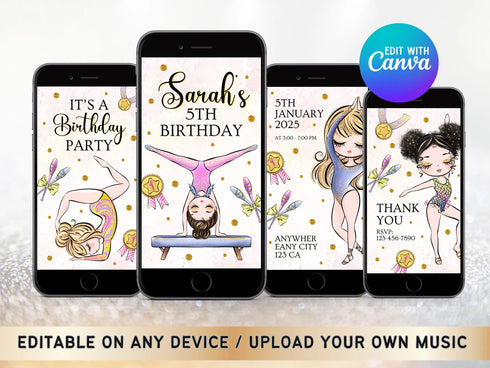 Gymnastics Birthday Video Invitation, Animated Gymnastics Party Invitation Template, Girl Gymnasts Birthday Invite, Instant Download