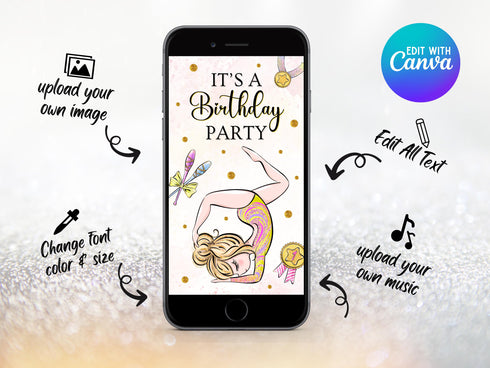 Gymnastics Birthday Video Invitation, Animated Gymnastics Party Invitation Template, Girl Gymnasts Birthday Invite, Instant Download