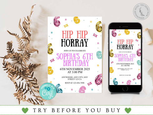 6th Birthday Invitation, Hip Hop Birthday Party Invitation, Hip Hop Hooray, Six Birthday Invite, Birthday Invitation, Kids Editable Invite