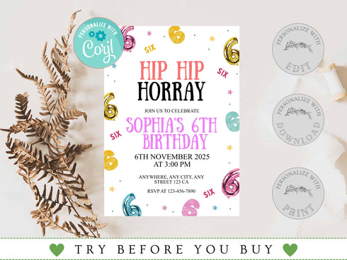 6th Birthday Invitation, Hip Hop Birthday Party Invitation, Hip Hop Hooray, Six Birthday Invite, Birthday Invitation, Kids Editable Invite