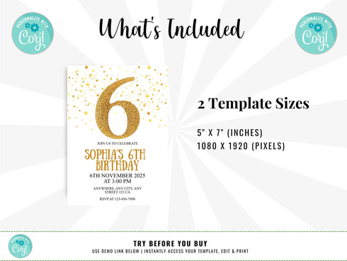 Gold Six Birthday Invitation, Gold Glitter Birthday Party Invitation, Golden Birthday 6th Invitation, Gold Party Invite, Instant Download
