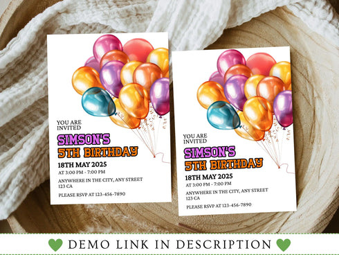 Balloon Birthday Invitation, Kids Birthday Invitation, Editable and Printable Fifth Birthday Invitation, Balloons Birthday Invite, Corjl