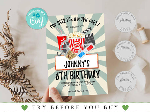 Editable Movie Birthday Invitation, Girl Movie Birthday Invitation, Pop on Over Birthday Invitation, Cinema Birthday, Movie Party Theme