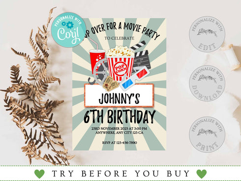 Editable Movie Birthday Invitation, Girl Movie Birthday Invitation, Pop on Over Birthday Invitation, Cinema Birthday, Movie Party Theme