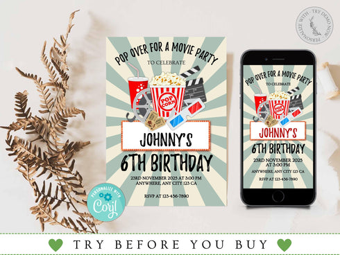 Editable Movie Birthday Invitation, Girl Movie Birthday Invitation, Pop on Over Birthday Invitation, Cinema Birthday, Movie Party Theme