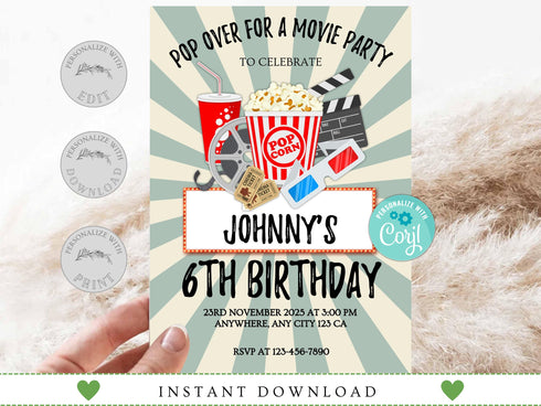 Editable Movie Birthday Invitation, Girl Movie Birthday Invitation, Pop on Over Birthday Invitation, Cinema Birthday, Movie Party Theme