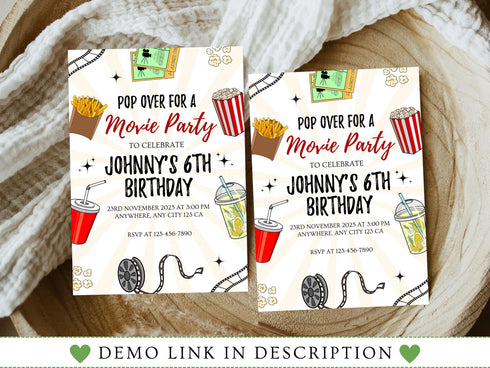 Movie Birthday Invitation, Cinema Birthday Invites, Movie Ticket Invitation, Movie Theater Birthday Party Invite, Popcorn Party