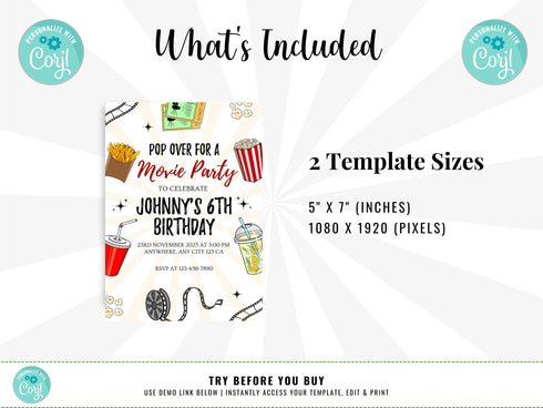 Movie Birthday Invitation, Cinema Birthday Invites, Movie Ticket Invitation, Movie Theater Birthday Party Invite, Popcorn Party